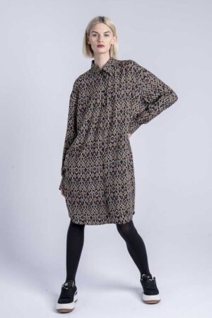 sukienka-brązowy-wzór-kolekcja-kioto-delCane-przód_I